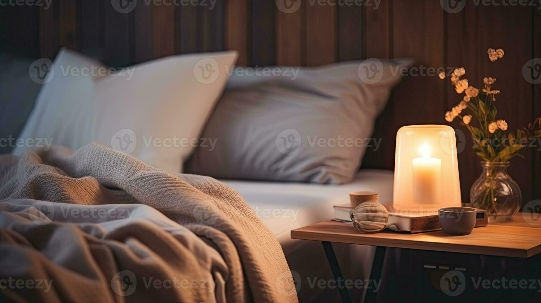 Modern interior cozy bedroom design with wall and a vase with autumn leaves with on wooden wall background, selective focus. Generative AI photo
