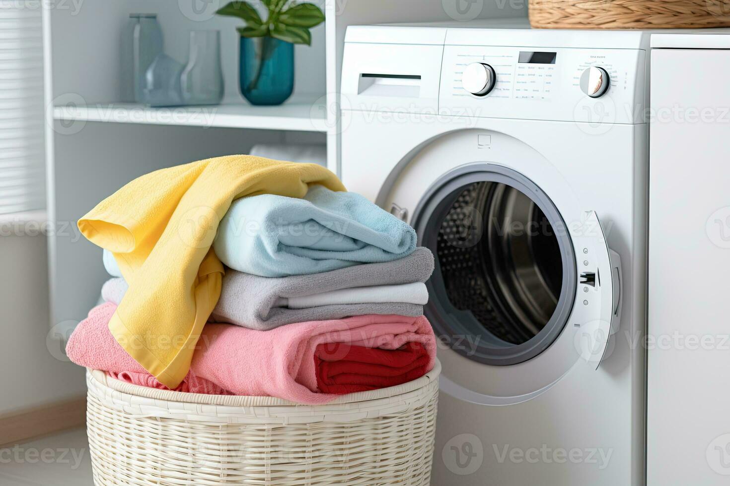 Laundry room interior with washing machine and pile of colorful clothes