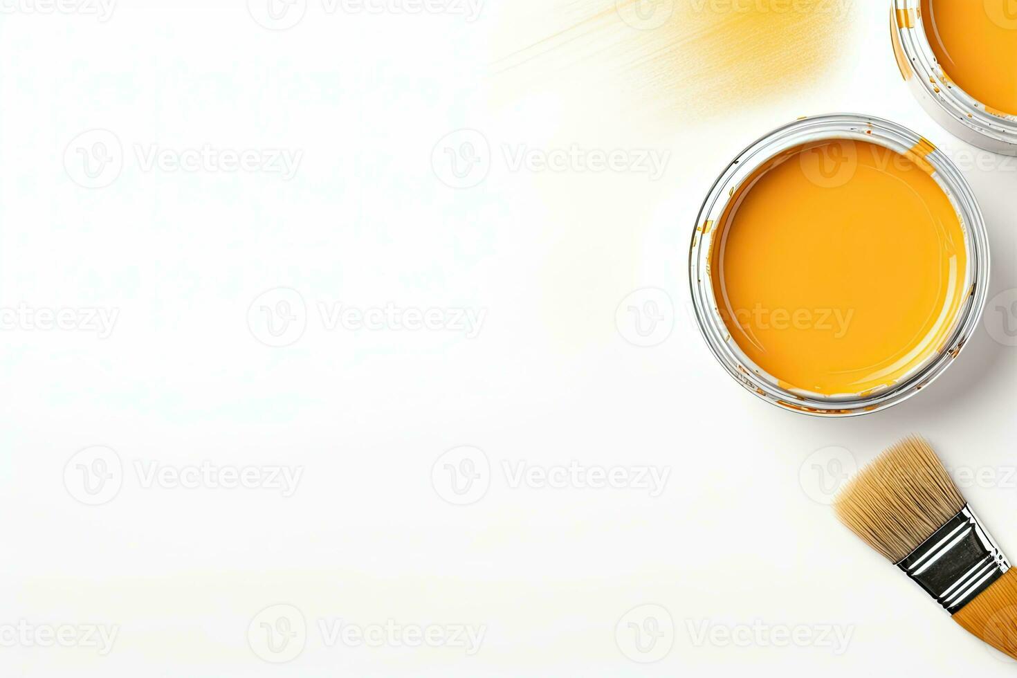 Watercolor paints and brush isolated on white background. Top view. Generative AI photo