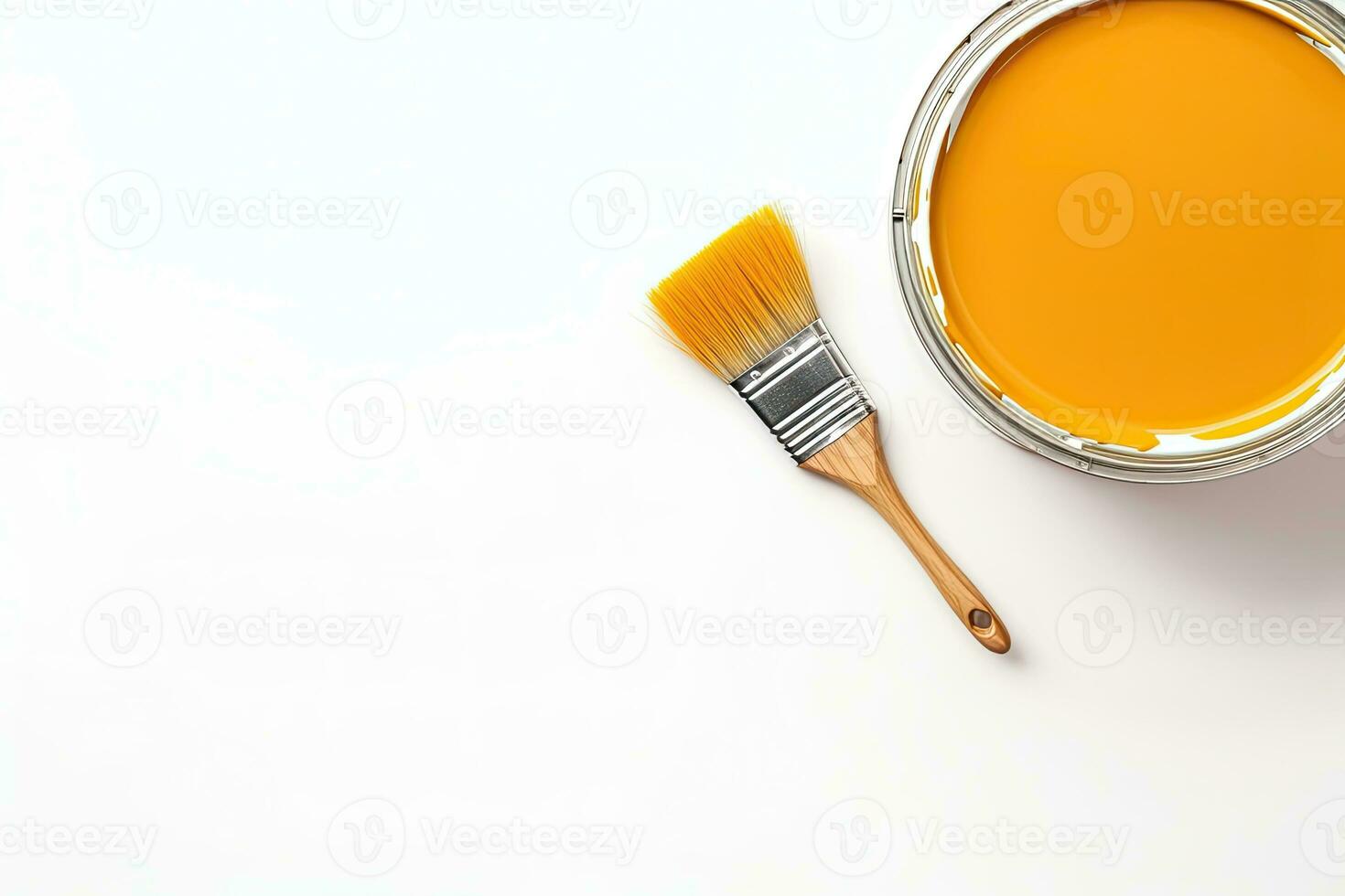 Watercolor paints and brush isolated on white background. Top view. Generative AI photo