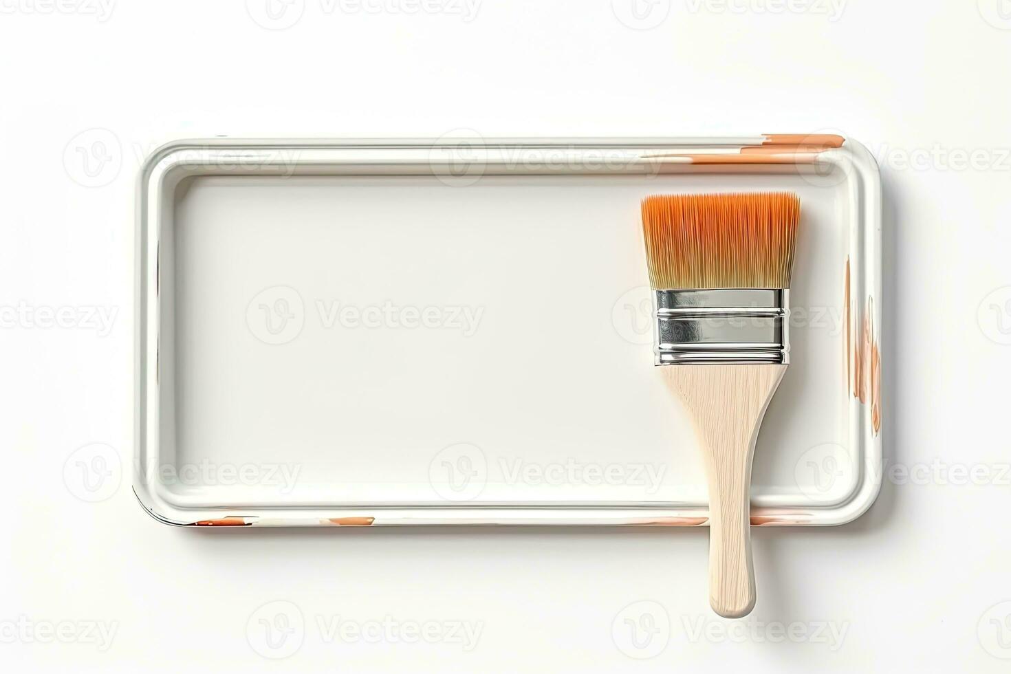 Watercolor paints and brush isolated on white background. Top view. Generative AI photo
