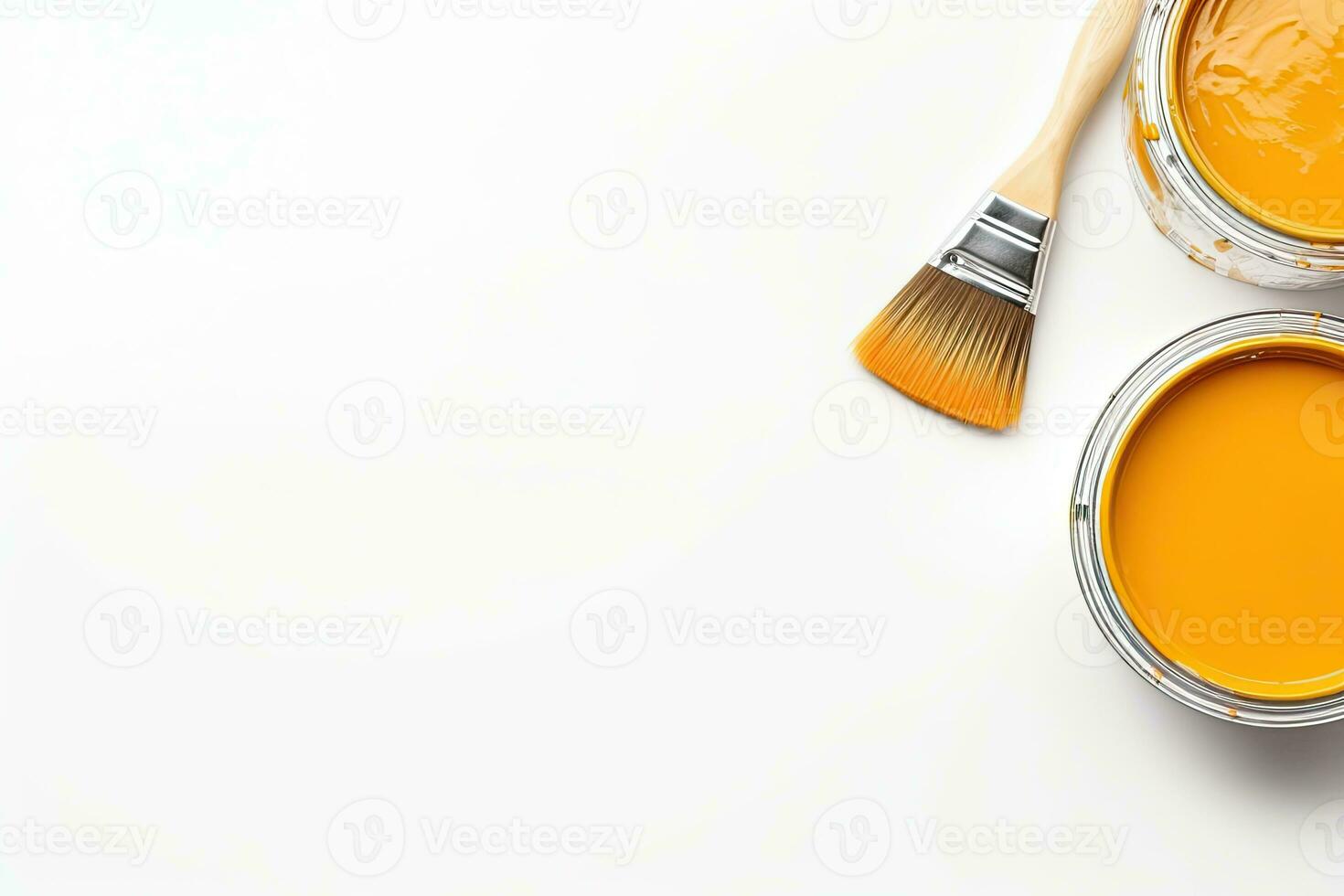 Watercolor paints and brush isolated on white background. Top view. Generative AI photo