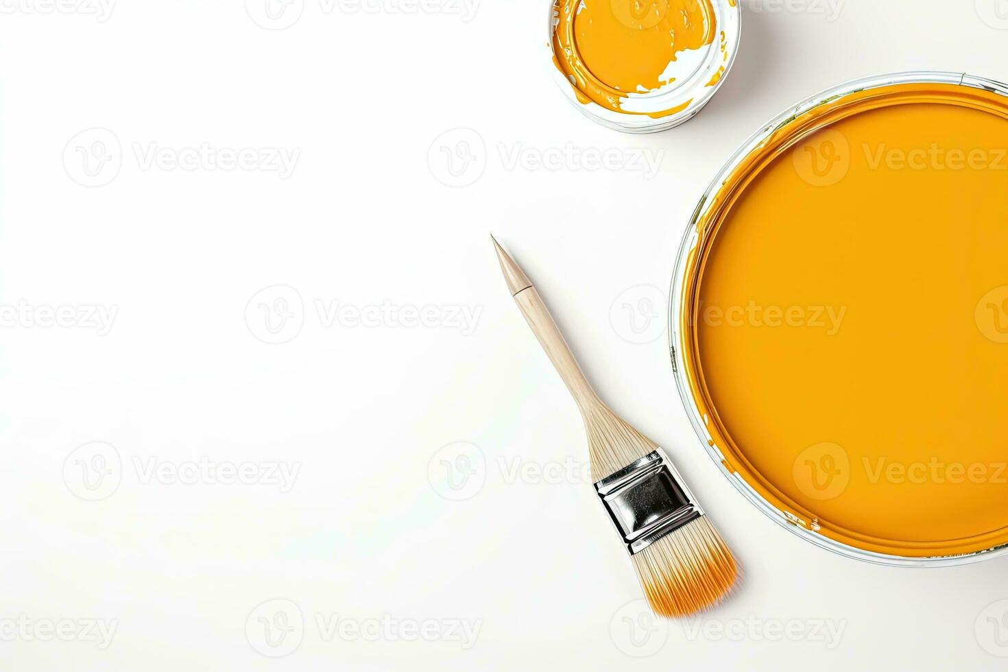 Watercolor paints and brush isolated on white background. Top view. Generative AI photo