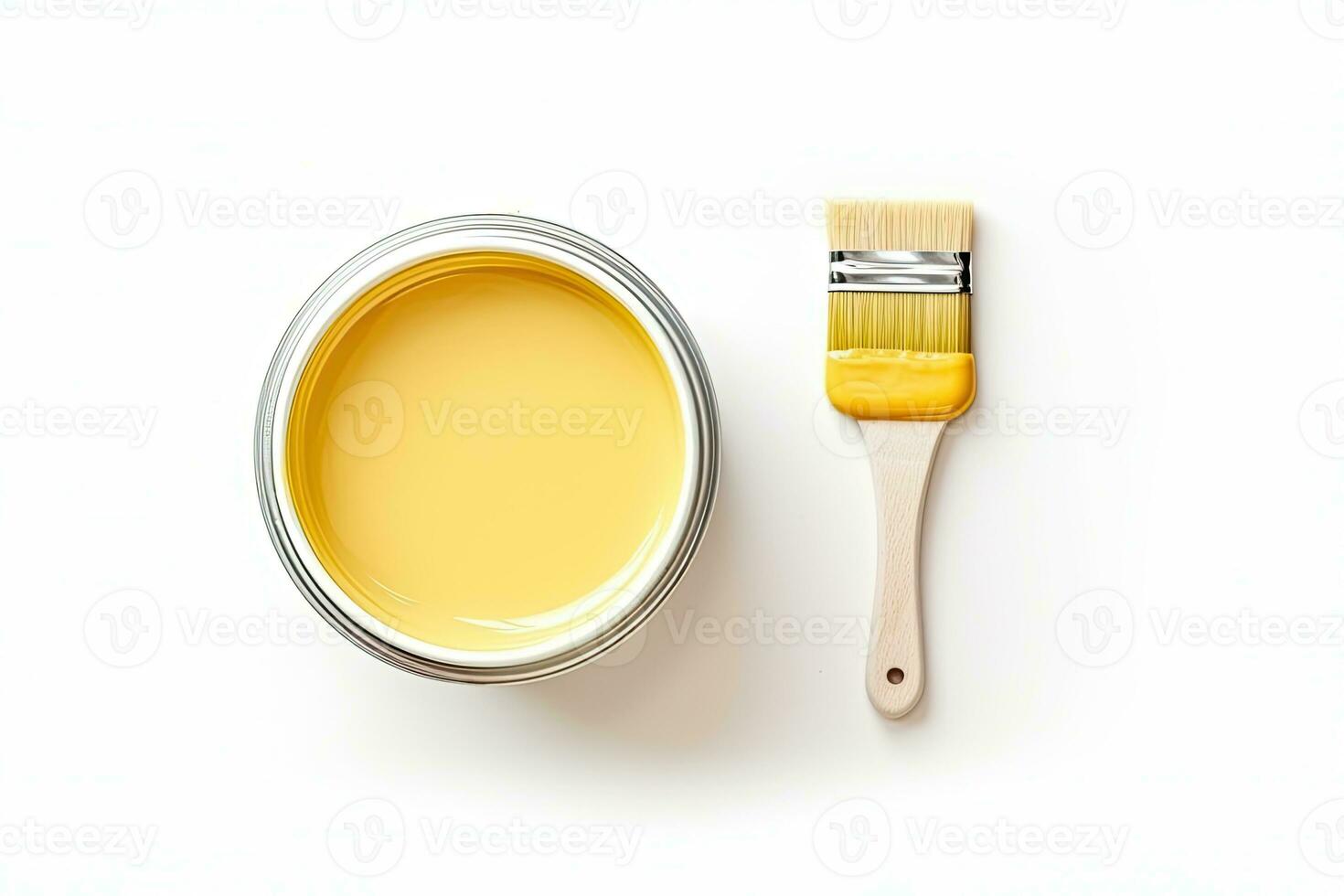 Watercolor paints and brush isolated on white background. Top view. Generative AI photo