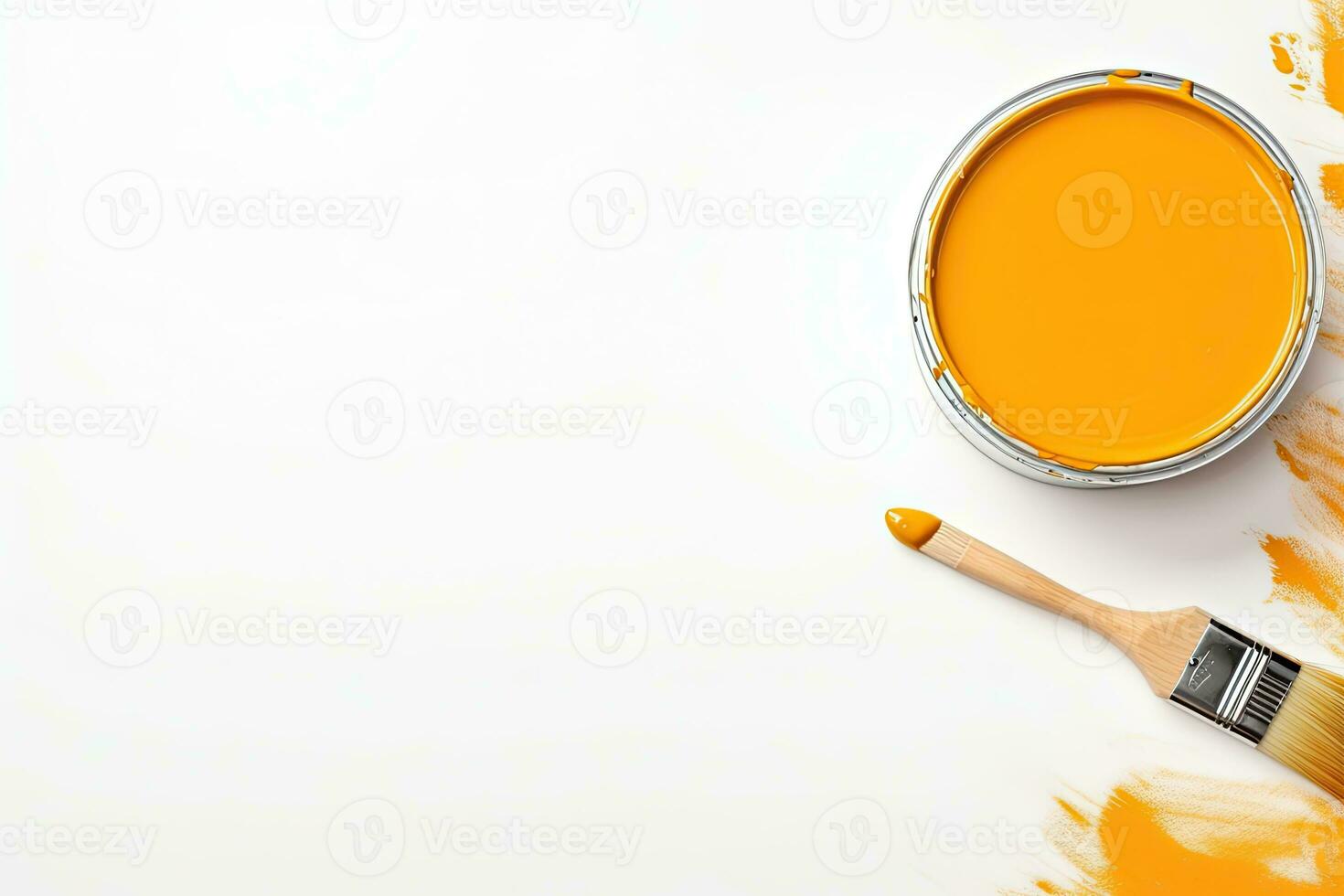 Watercolor paints and brush isolated on white background. Top view. Generative AI photo