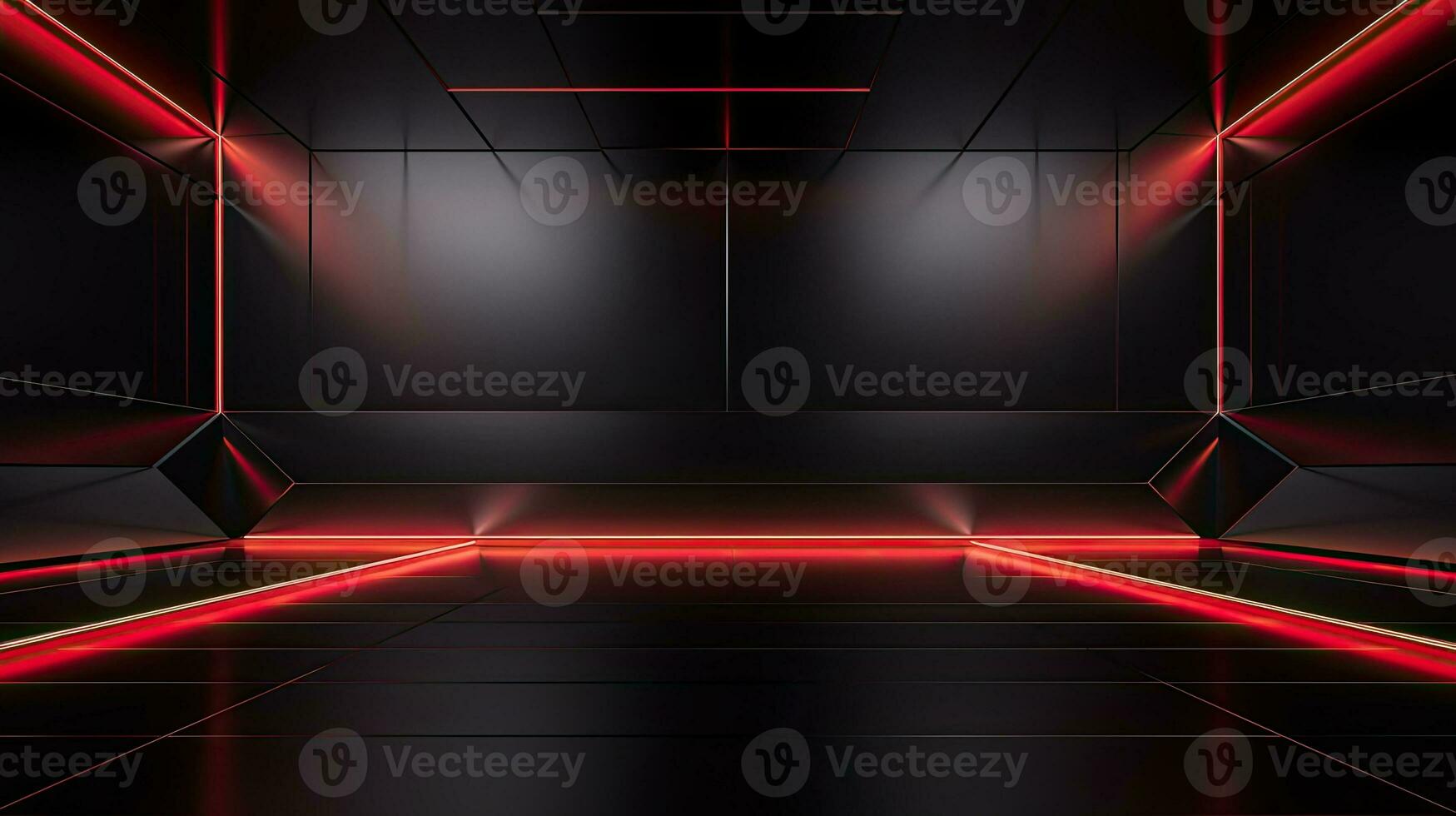 Abstract dark empty room with glowing red neon lights. Mock up, 3D Rendering. Generative AI photo