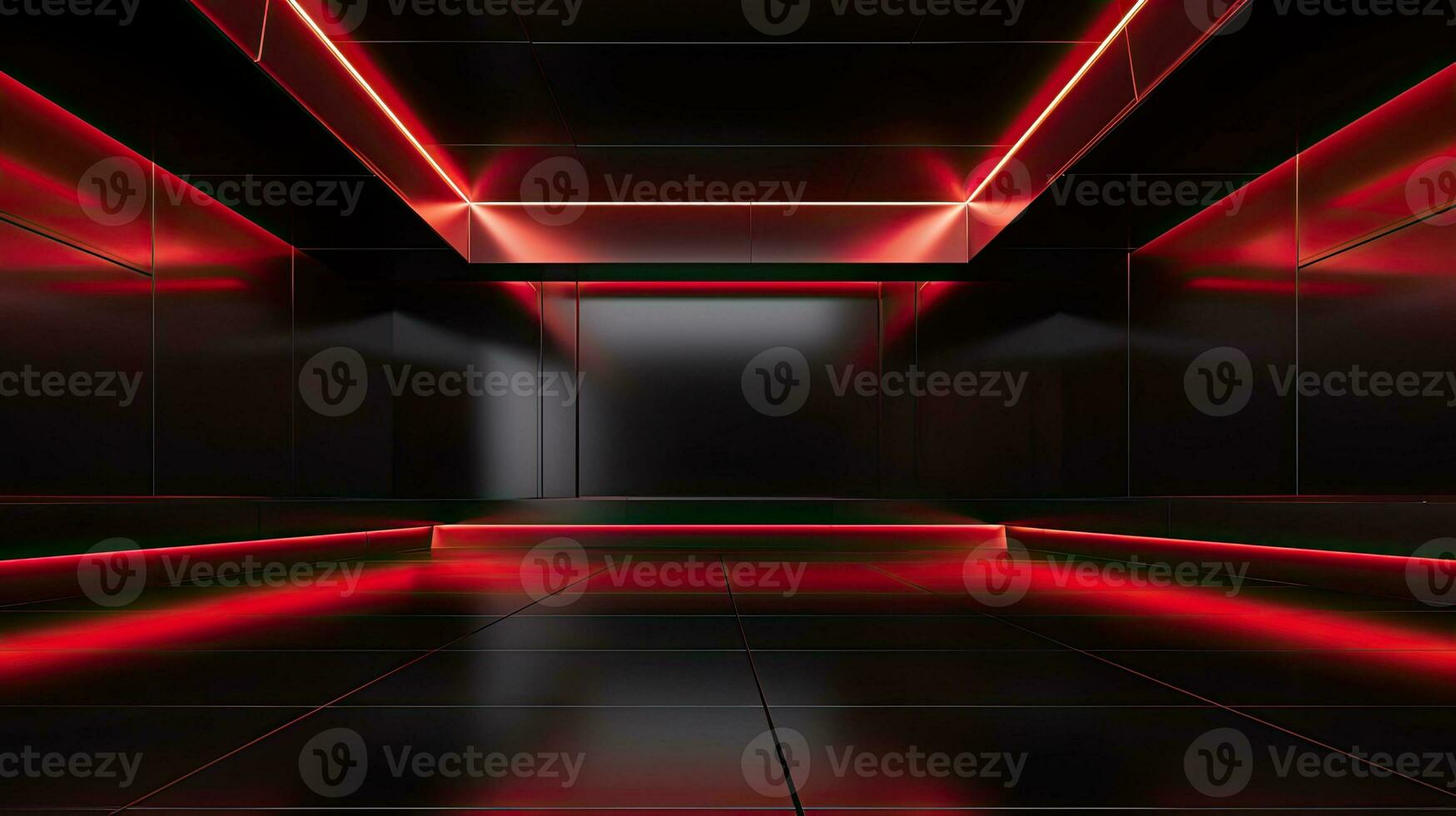 Abstract dark empty room with glowing red neon lights. Mock up, 3D Rendering. Generative AI photo