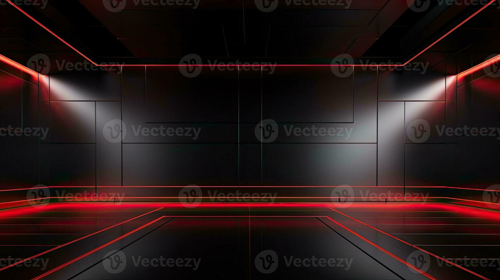 Abstract dark empty room with glowing red neon lights. Mock up, 3D Rendering. Generative AI photo