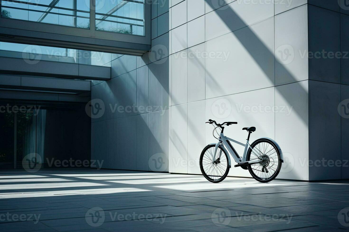Modern electric white bicycle in front of the modern office glass building on sunny autumn day. Generative AI photo