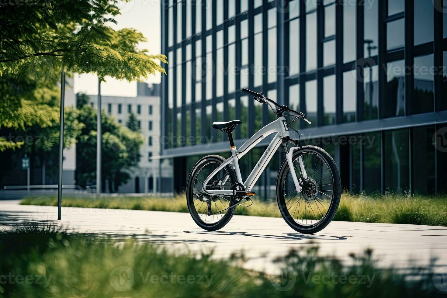 Modern electric white bicycle in front of the modern office glass building on sunny autumn day. Generative AI photo
