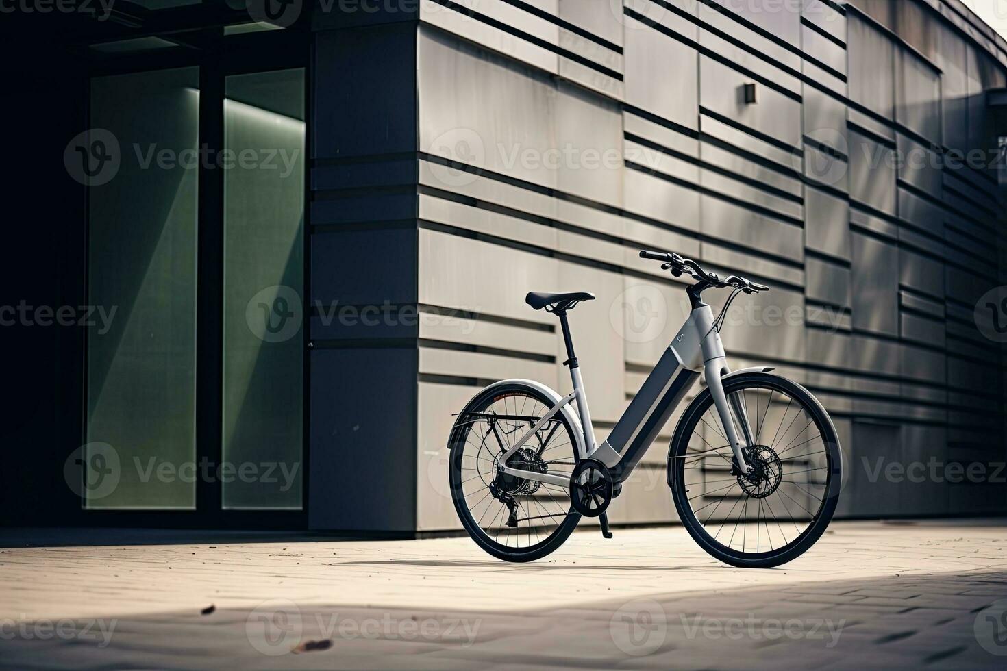 Modern electric white bicycle in front of the modern office glass building on sunny autumn day. Generative AI photo