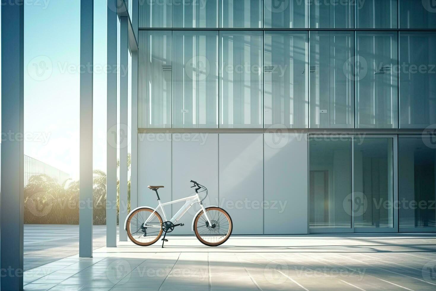 Modern electric white bicycle in front of the modern office glass building on sunny autumn day. Generative AI photo