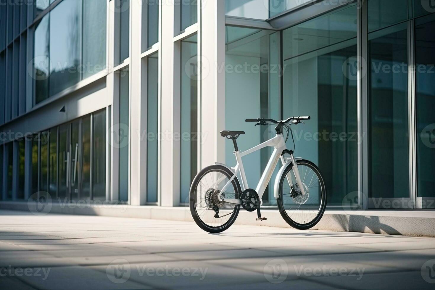 Modern electric white bicycle in front of the modern office glass building on sunny autumn day. Generative AI photo