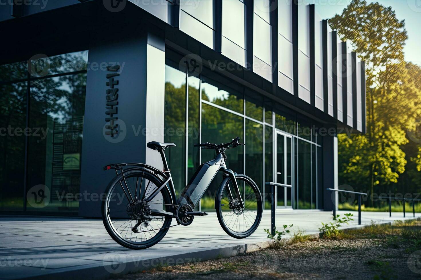 Modern electric white bicycle in front of the modern office glass building on sunny autumn day. Generative AI photo