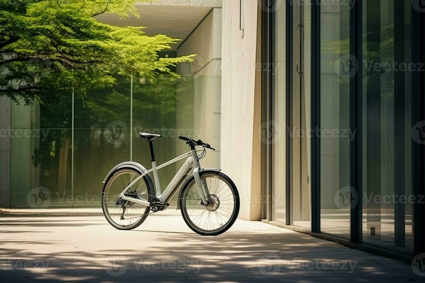 Modern electric white bicycle in front of the modern office glass building on sunny autumn day. Generative AI photo