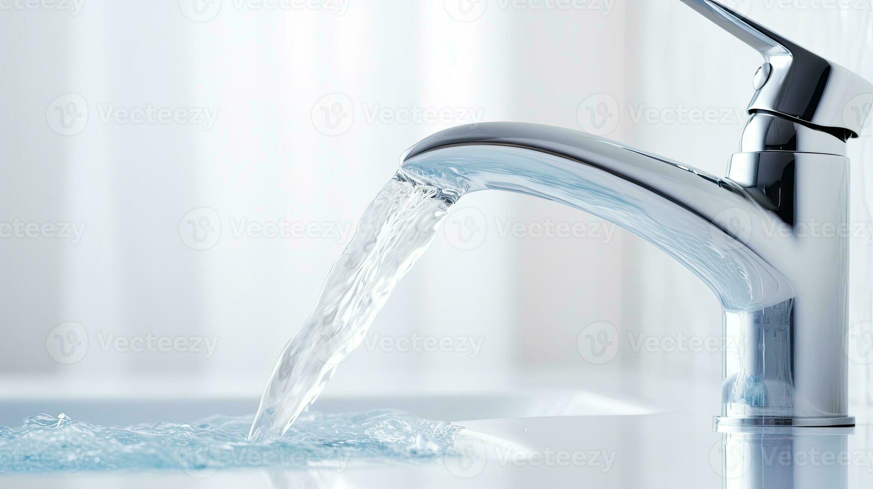Water flowing from the faucet into the sink in the bathroom, close up. Space for text. Generative AI photo