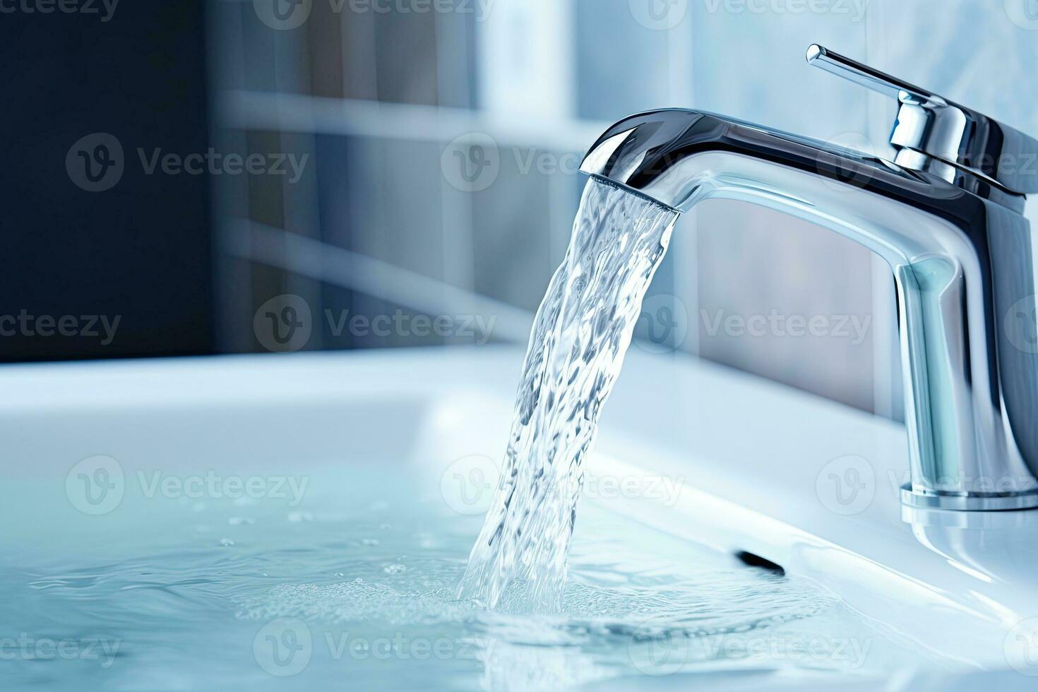 Water flowing from the faucet into the sink in the bathroom, close up. Space for text. Generative AI photo
