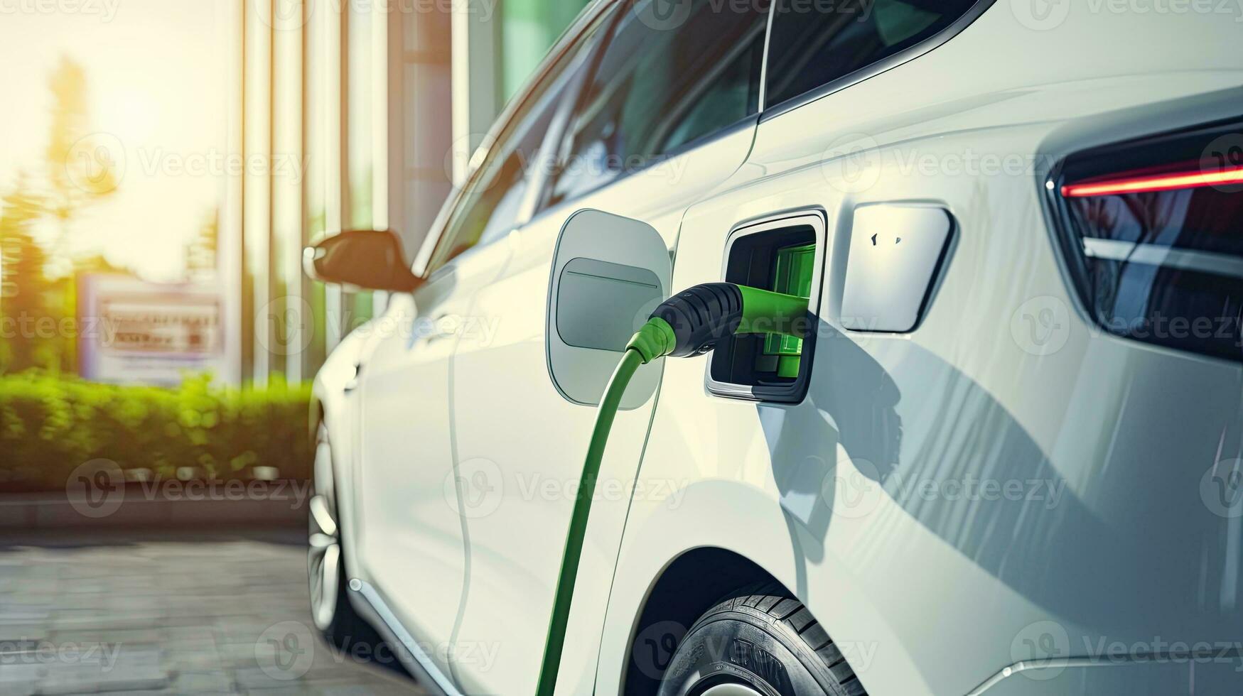 EV charging station for electric car in concept of green energy produced from sustainable source to supply to charger station in order to reduce CO2 emission. Generative AI photo