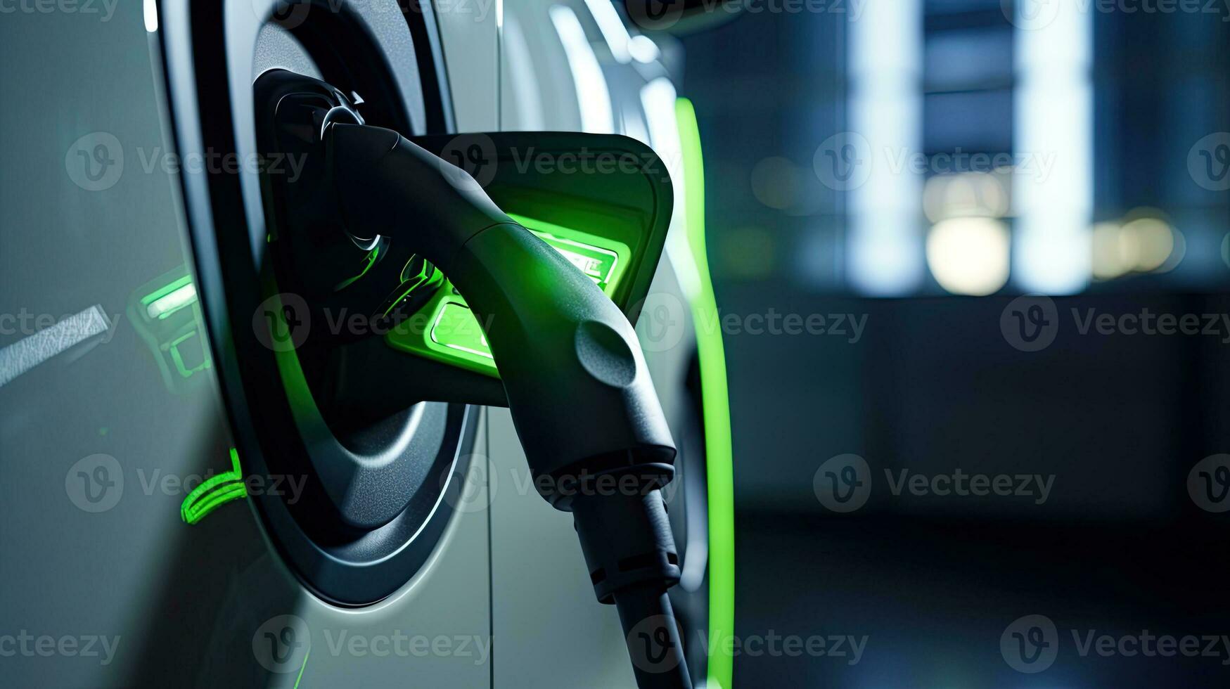 EV charging station for electric car in concept of green energy produced from sustainable source to supply to charger station in order to reduce CO2 emission. Generative AI photo