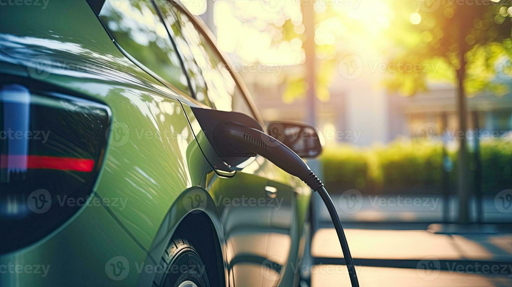 EV charging station for electric car in concept of green energy produced from sustainable source to supply to charger station in order to reduce CO2 emission. Generative AI photo
