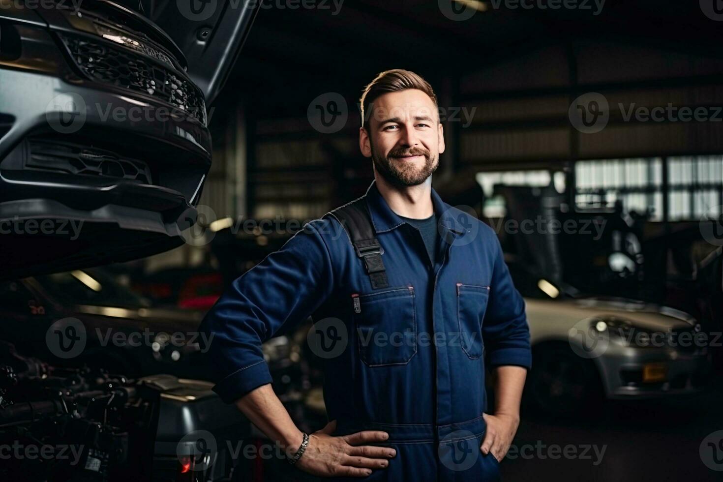 Professional mechanic working in auto repair shop. Car service and maintenance concep. Generative AI photo