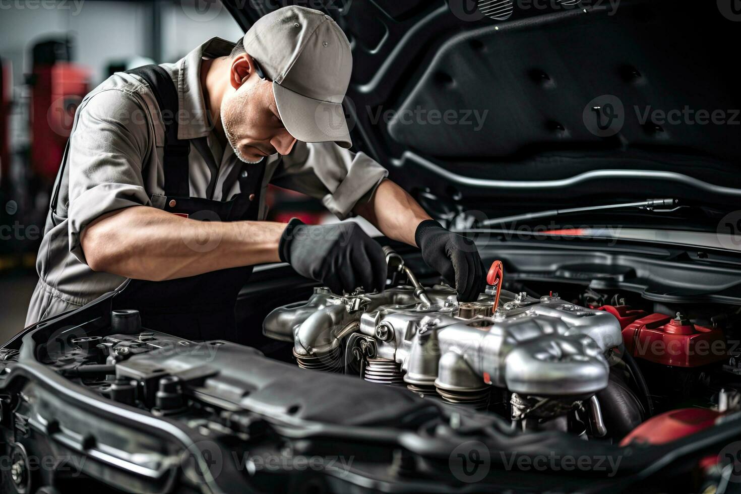 Professional mechanic working in auto repair shop. Car service and maintenance concep. Generative AI photo