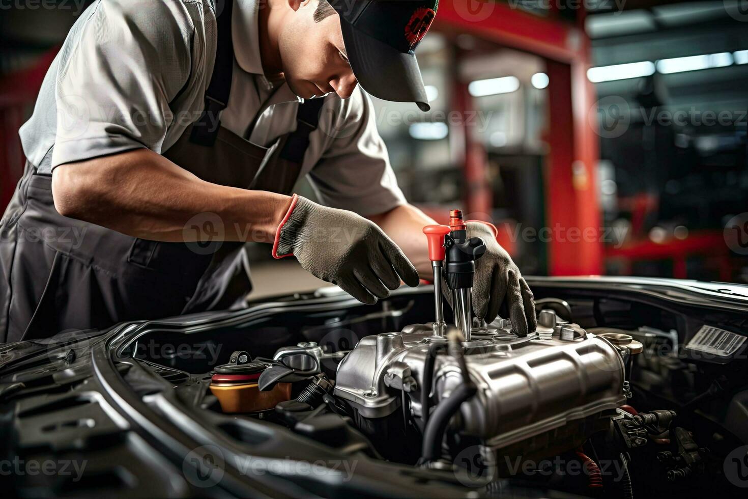 Professional mechanic working in auto repair shop. Car service and maintenance concep. Generative AI photo