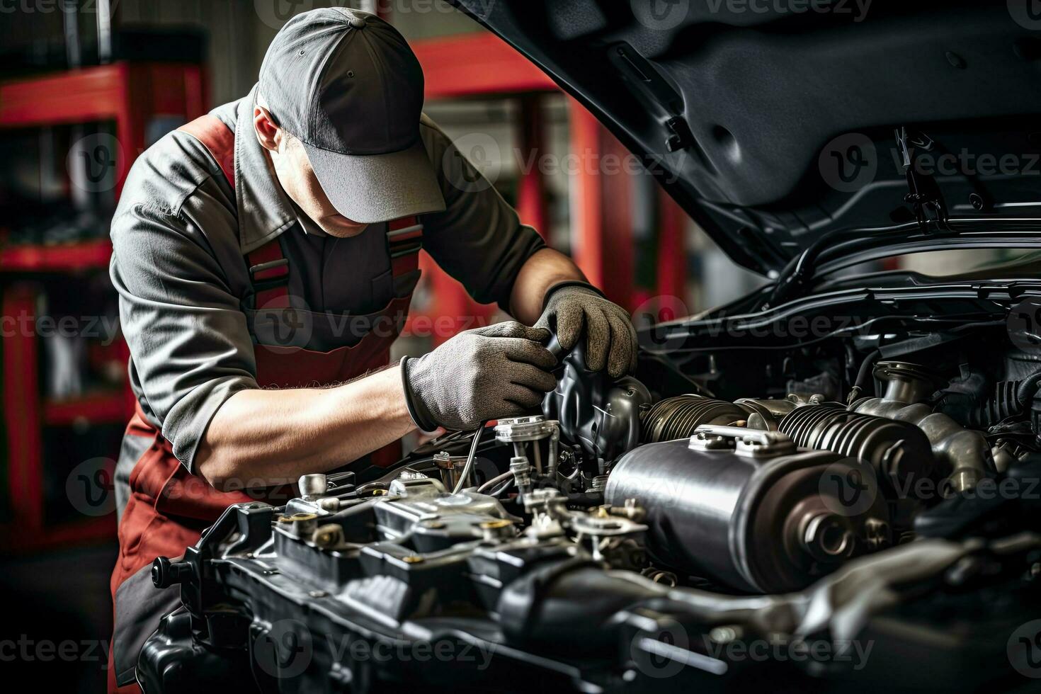 Professional mechanic working in auto repair shop. Car service and maintenance concep. Generative AI photo