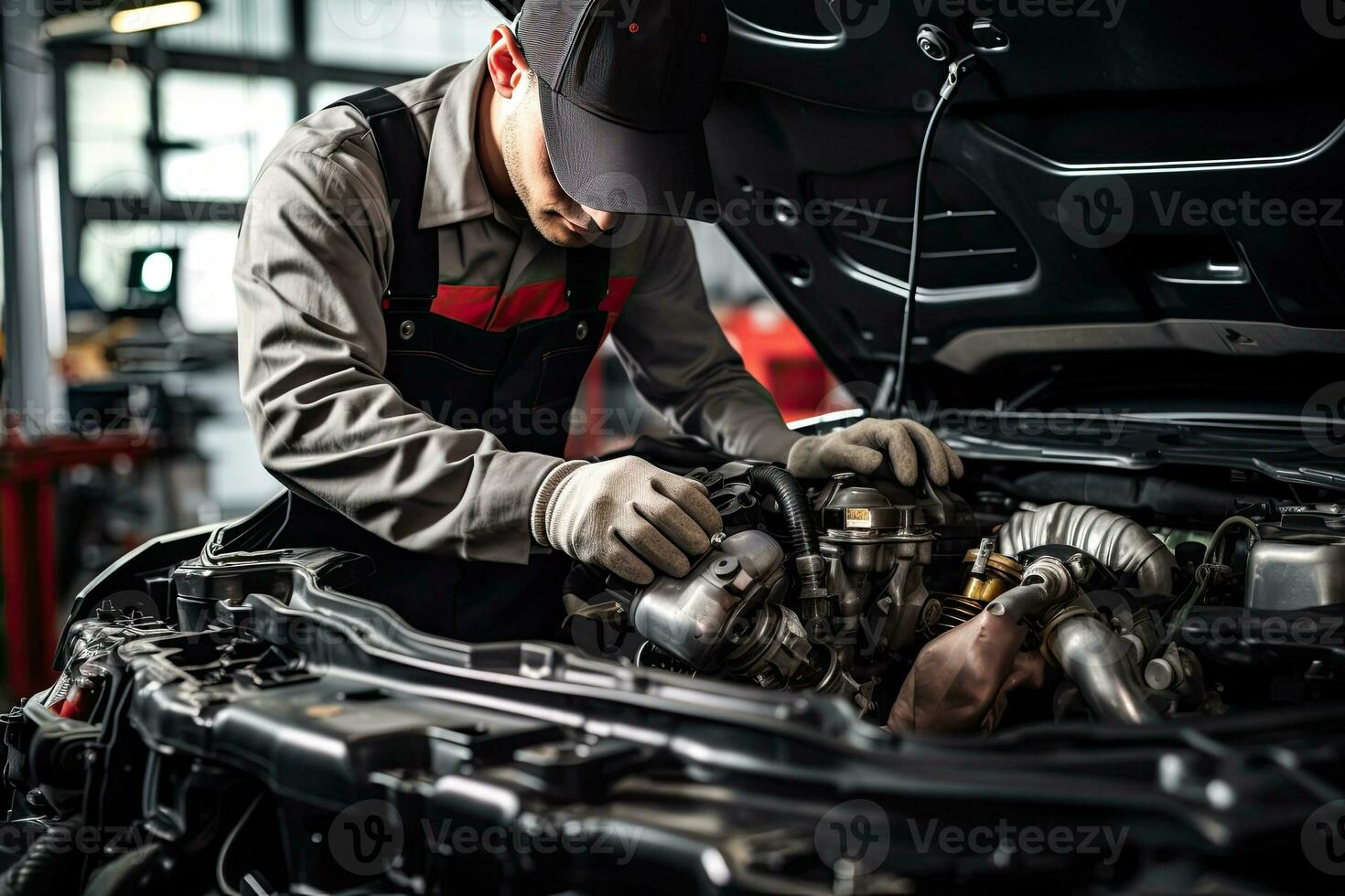 Professional mechanic working in auto repair shop. Car service and maintenance concep. Generative AI photo