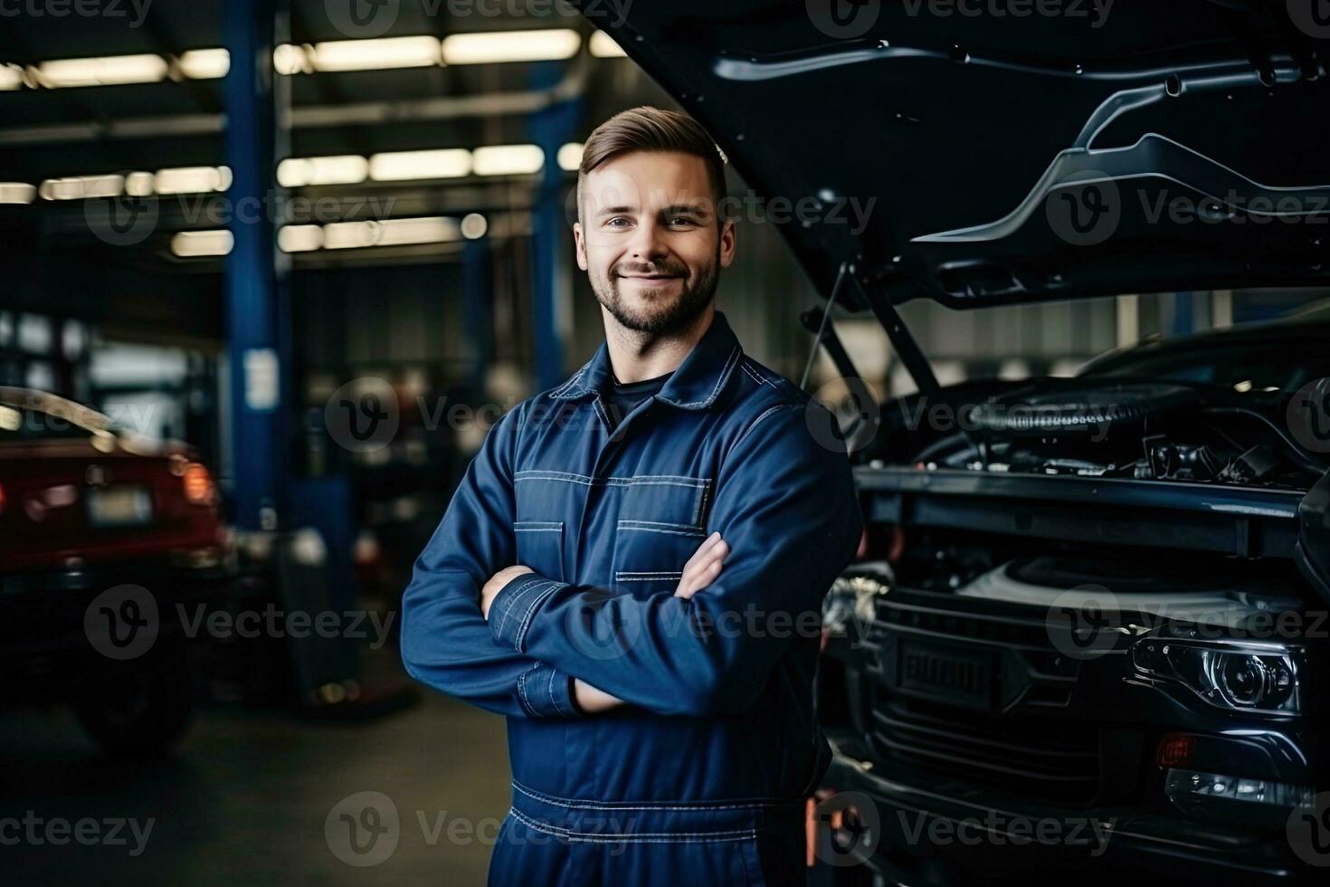 Professional mechanic working in auto repair shop. Car service and maintenance concep. Generative AI photo