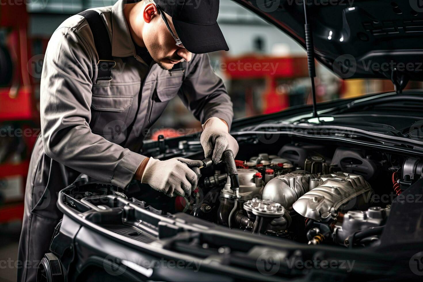 Professional mechanic working in auto repair shop. Car service and maintenance concep. Generative AI photo