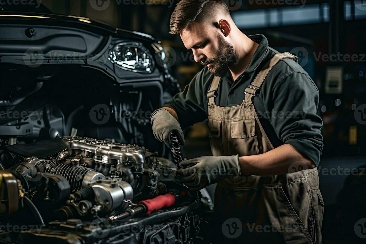 Professional mechanic working in auto repair shop. Car service and maintenance concep. Generative AI photo