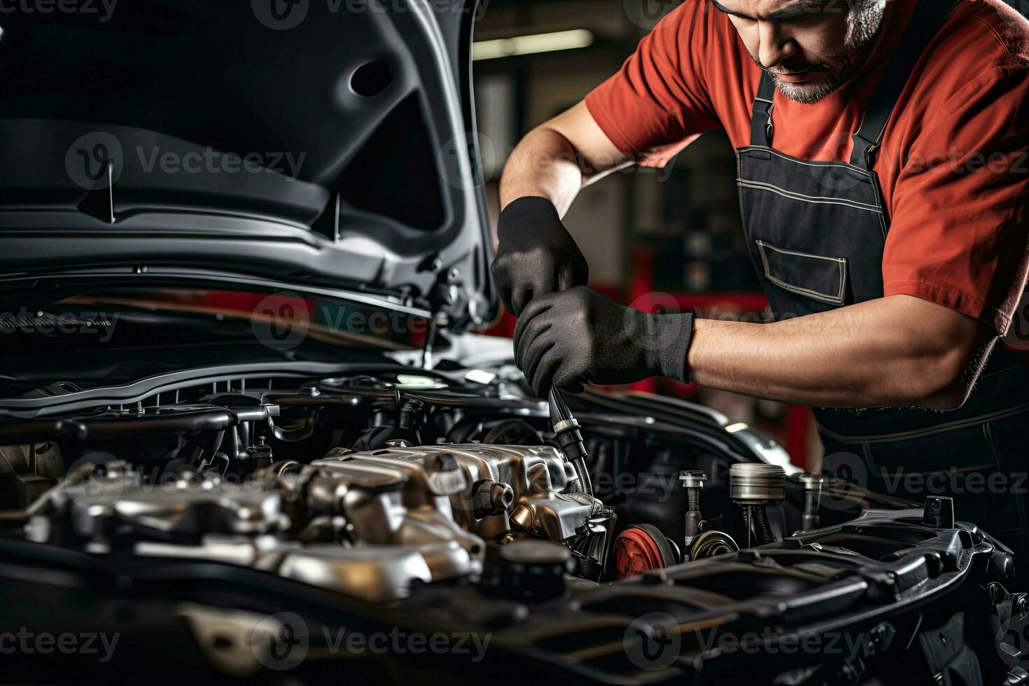 Professional mechanic working in auto repair shop. Car service and maintenance concep. Generative AI photo