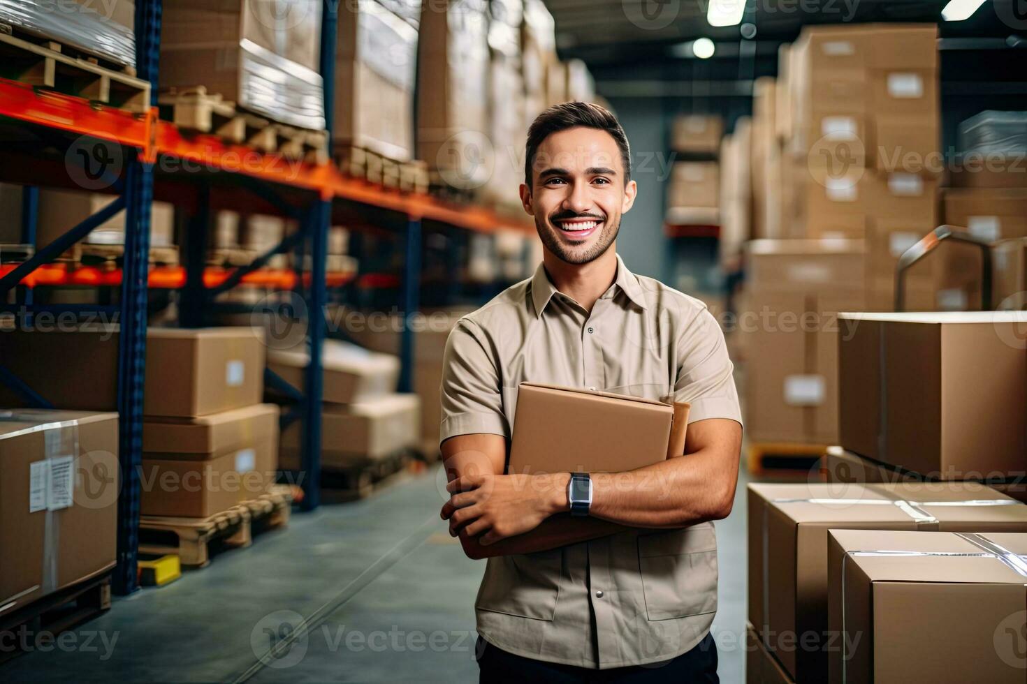 Smiling warehouse worker holding boxes in warehouse. This is a freight transportation and distribution warehouse. Industrial and industrial workers concept. Generative AI photo