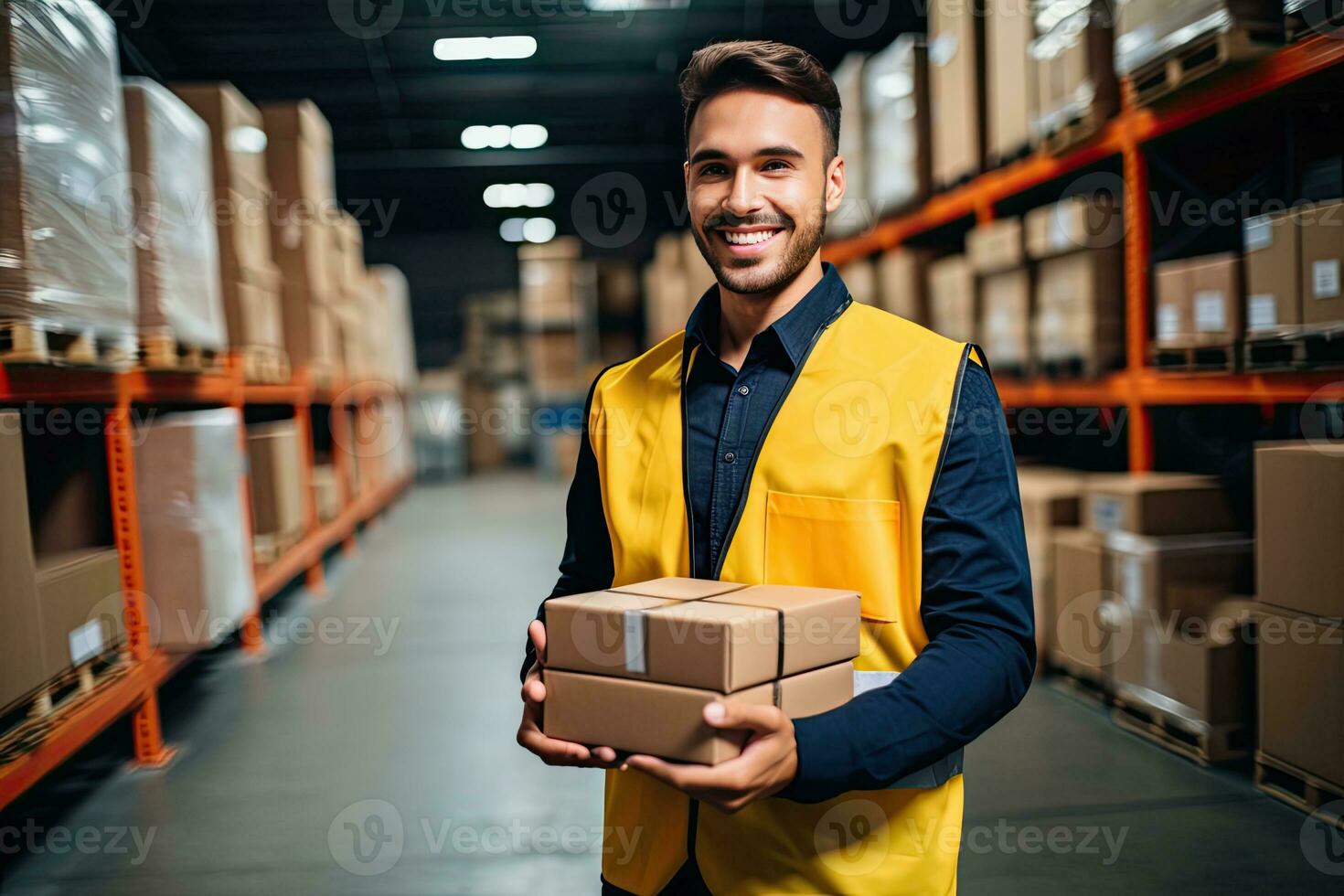 Smiling warehouse worker holding boxes in warehouse. This is a freight transportation and distribution warehouse. Industrial and industrial workers concept. Generative AI photo