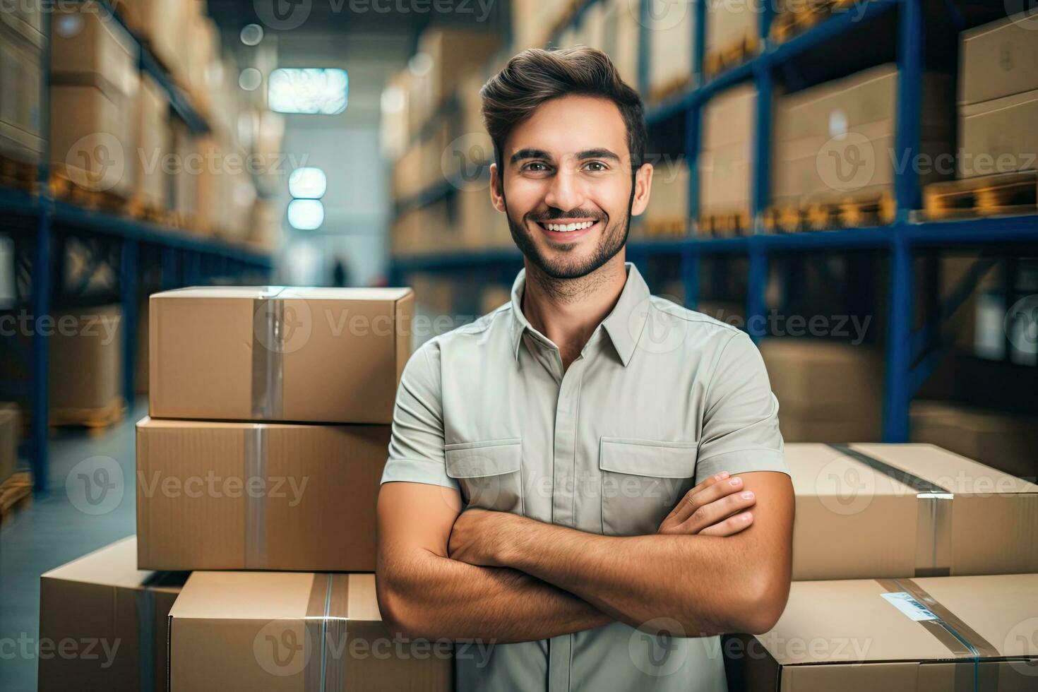 Smiling warehouse worker holding boxes in warehouse. This is a freight transportation and distribution warehouse. Industrial and industrial workers concept. Generative AI photo