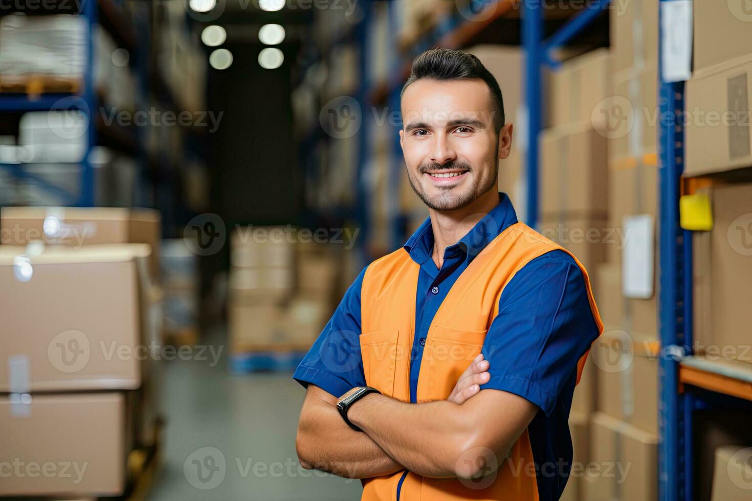Smiling warehouse worker holding boxes in warehouse. This is a freight transportation and distribution warehouse. Industrial and industrial workers concept. Generative AI photo