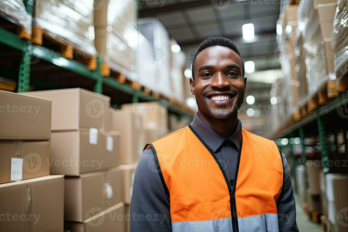 Smiling warehouse worker holding boxes in warehouse. This is a freight transportation and distribution warehouse. Industrial and industrial workers concept. Generative AI photo