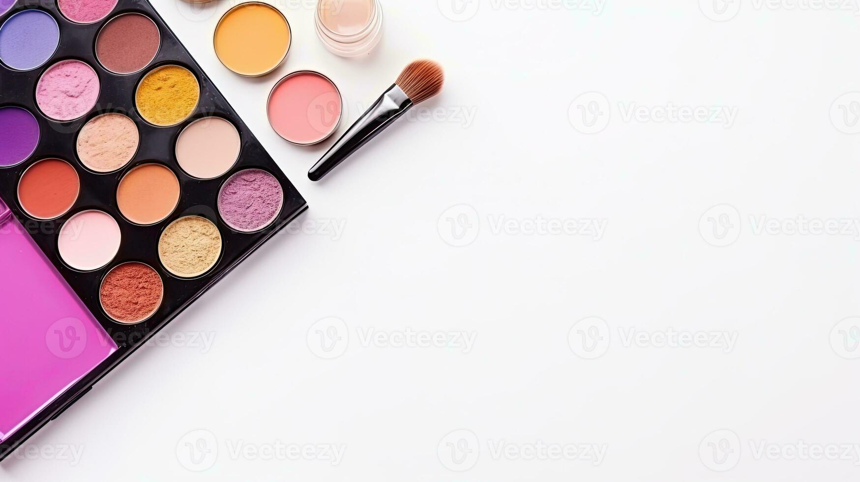 Makeup brushes and eye shadow palette on white background with copy space, top view. Generative AI photo