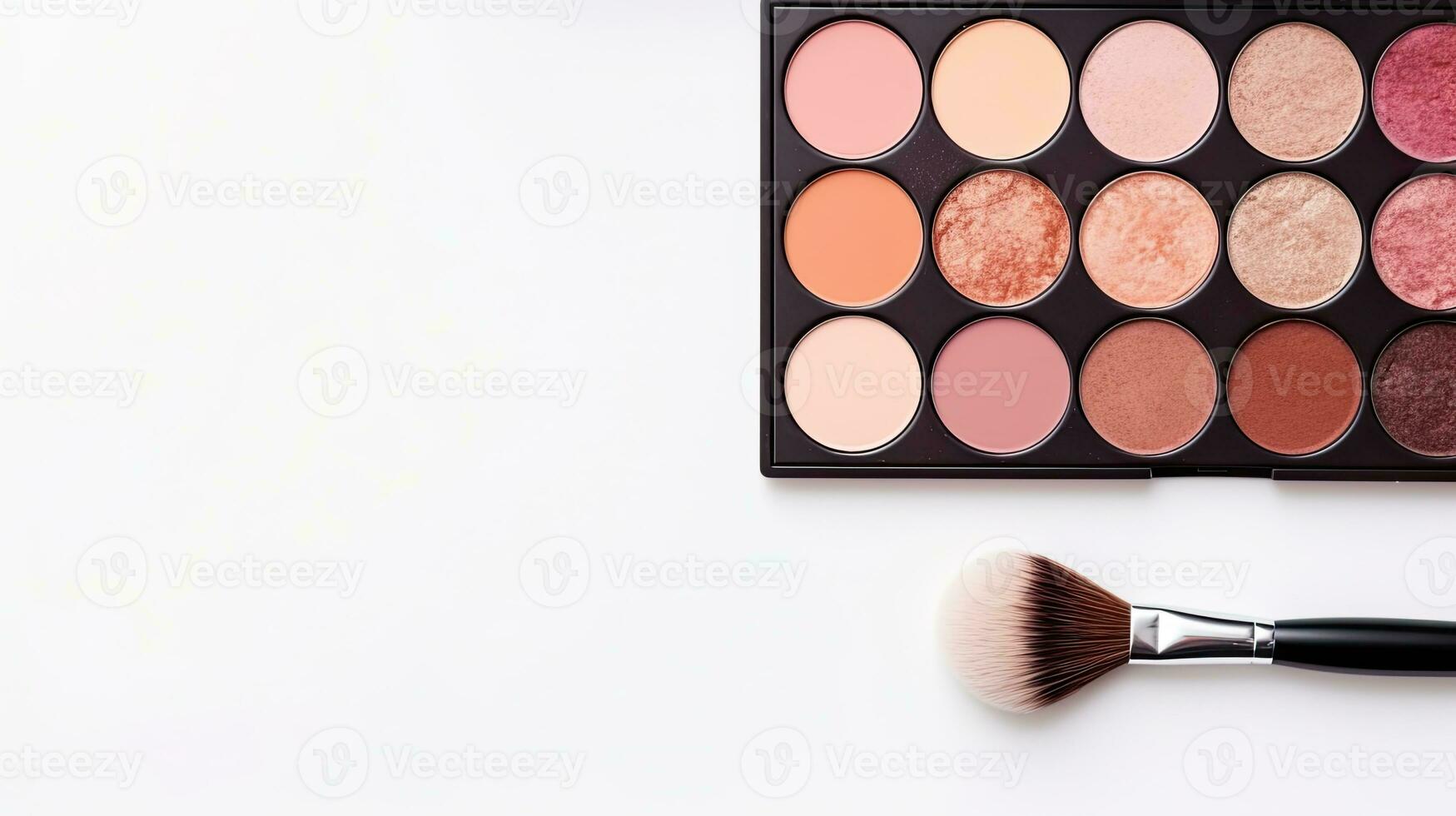 Makeup brushes and eye shadow palette on white background with copy space, top view. Generative AI photo