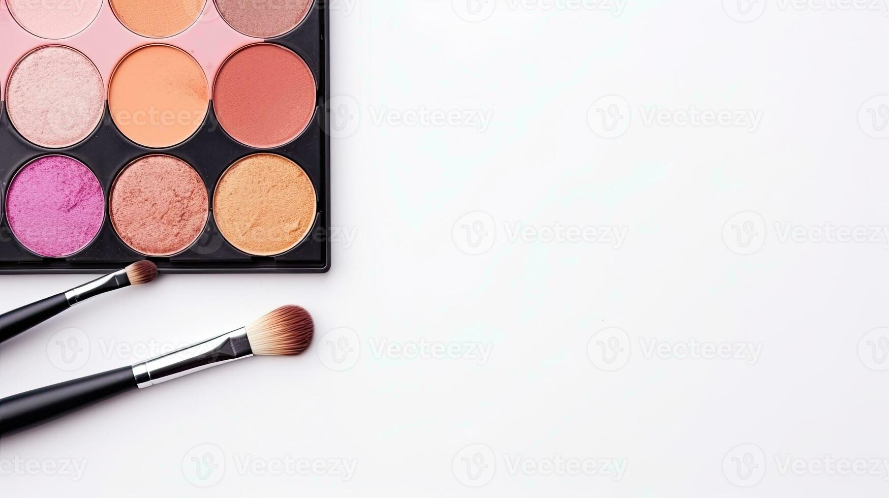 Makeup brushes and eye shadow palette on white background with copy space, top view. Generative AI photo