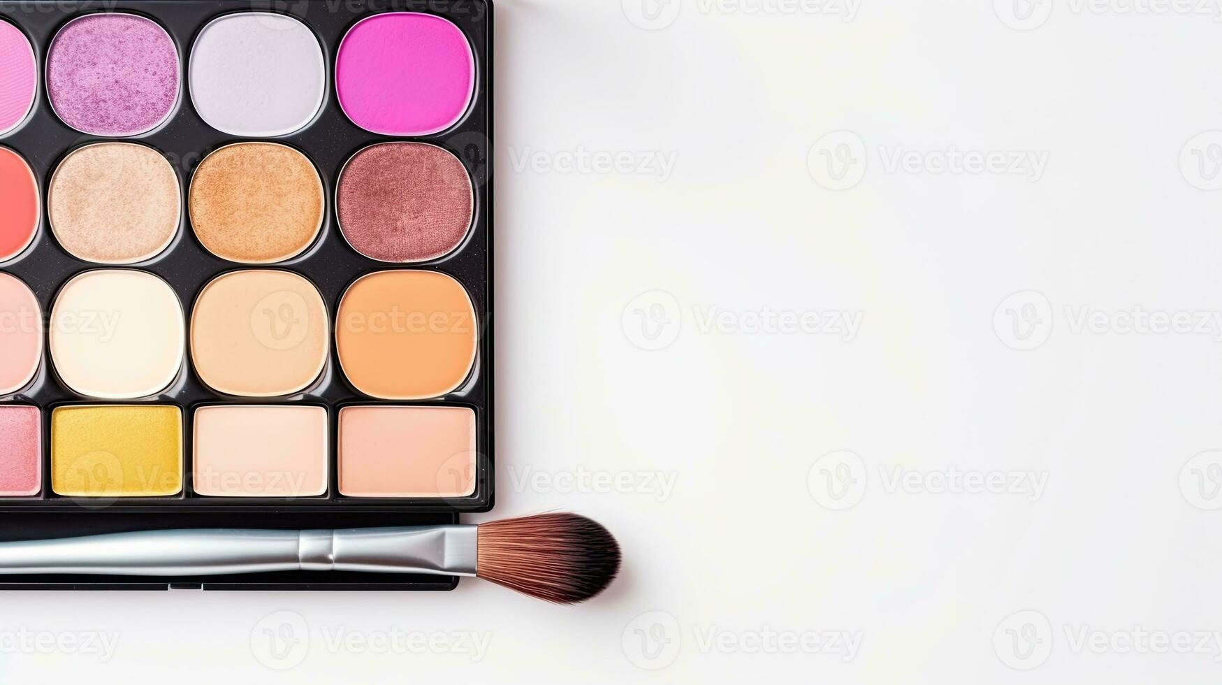 Makeup brushes and eye shadow palette on white background with copy space, top view. Generative AI photo