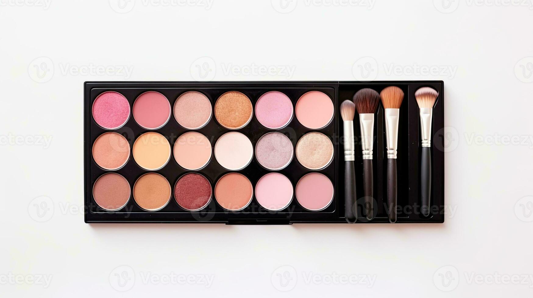 Makeup brushes and eye shadow palette on white background with copy space, top view. Generative AI photo