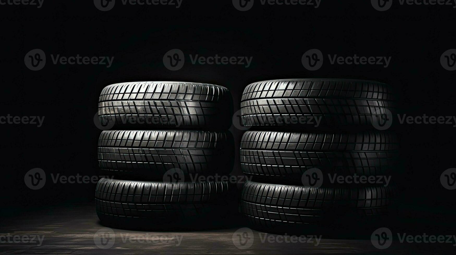 car tires on black background with light and shadow. Generative AI photo