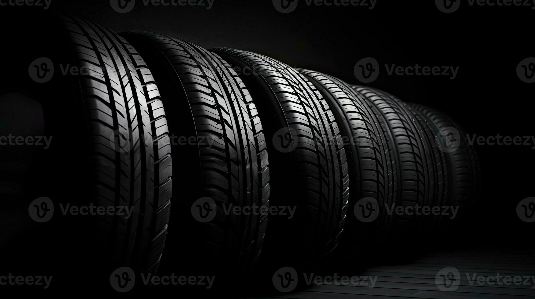 car tires on black background with light and shadow. Generative AI photo