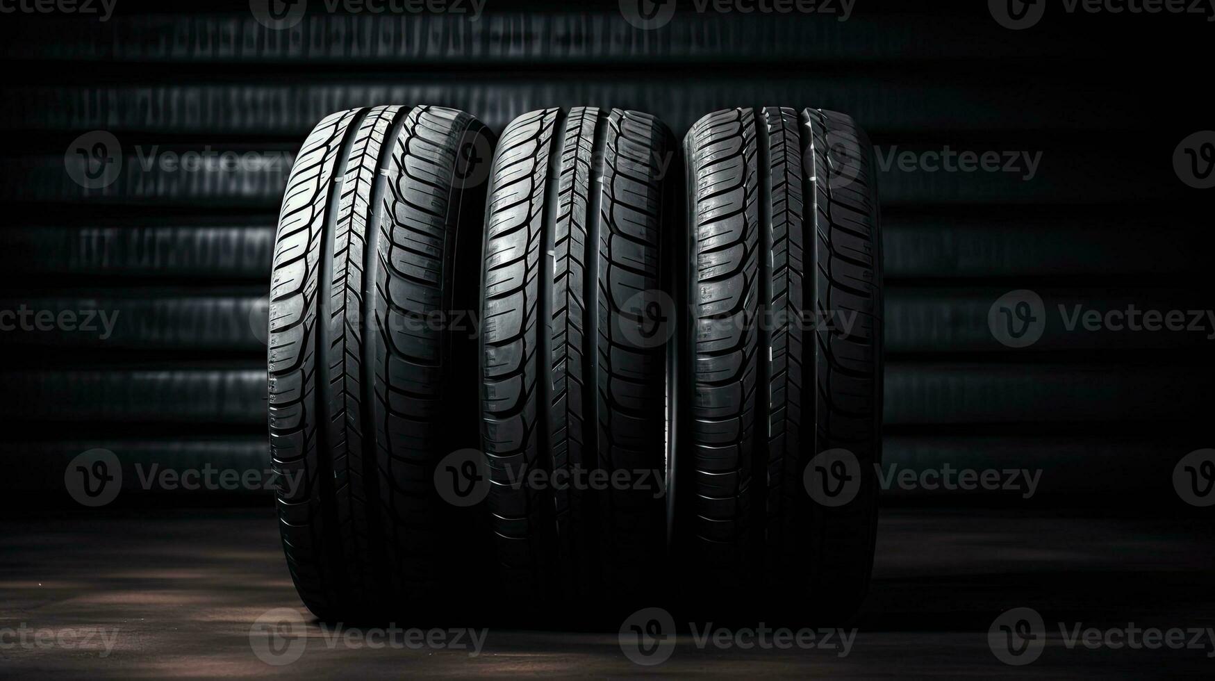 car tires on black background with light and shadow. Generative AI photo