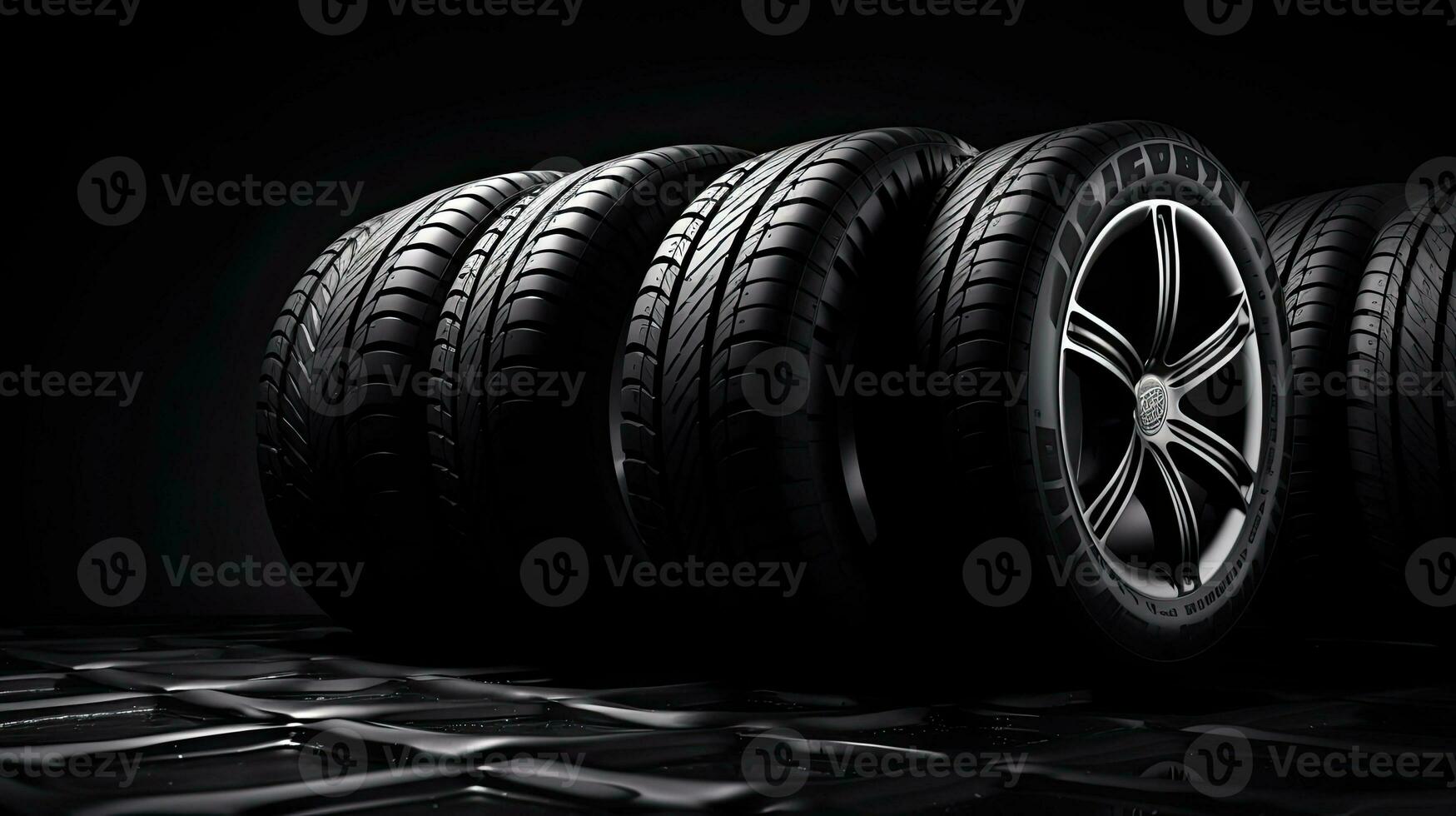 car tires on black background with light and shadow. Generative AI photo