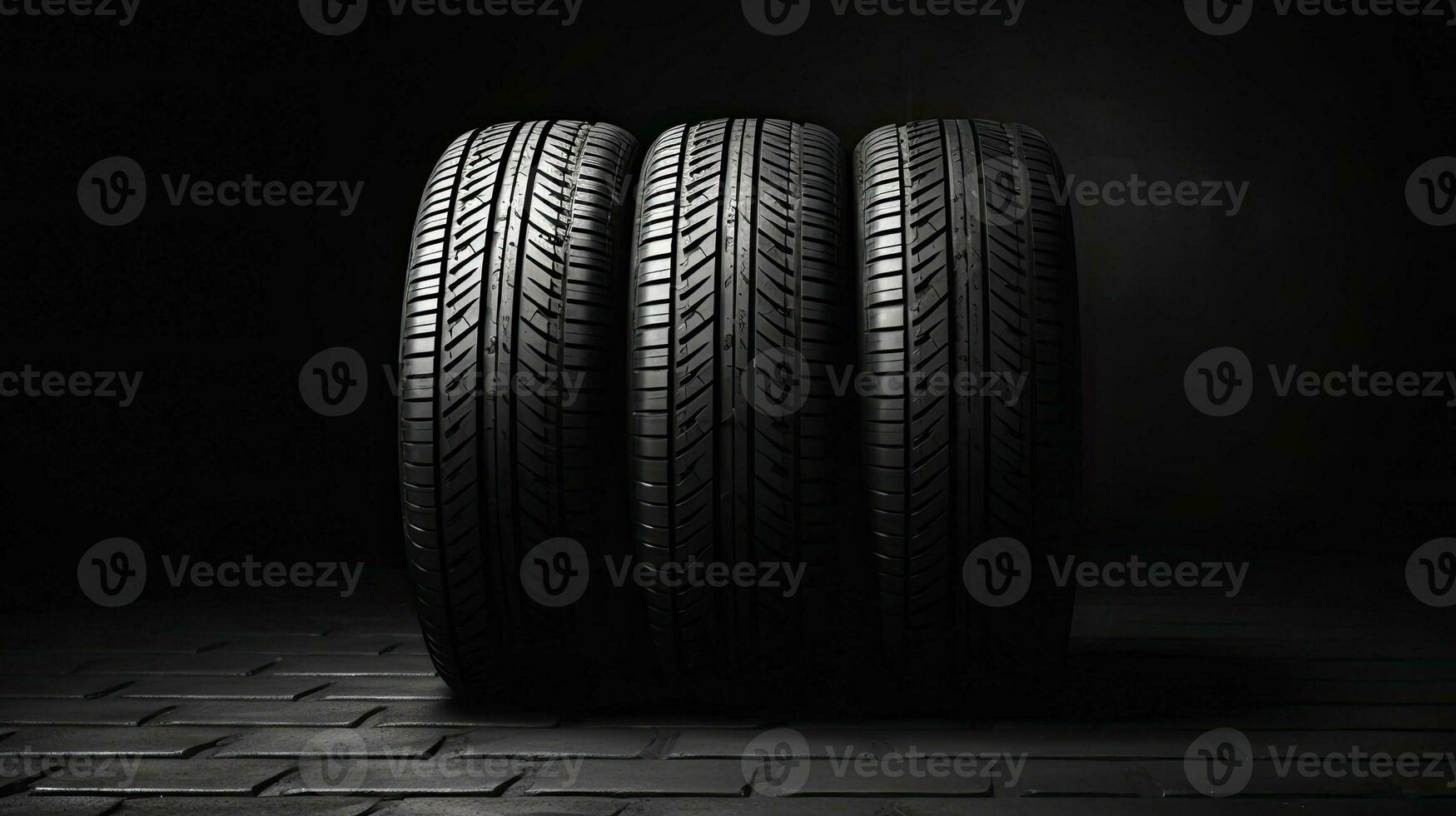 car tires on black background with light and shadow. Generative AI photo