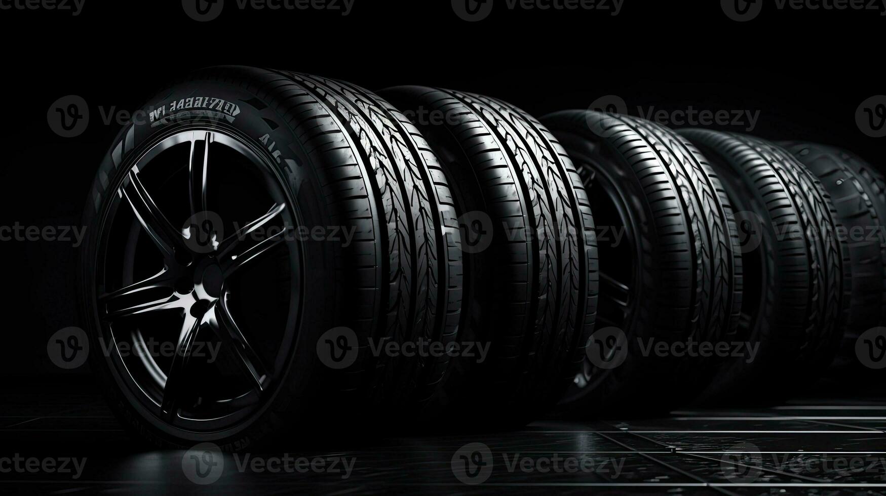car tires on black background with light and shadow. Generative AI photo