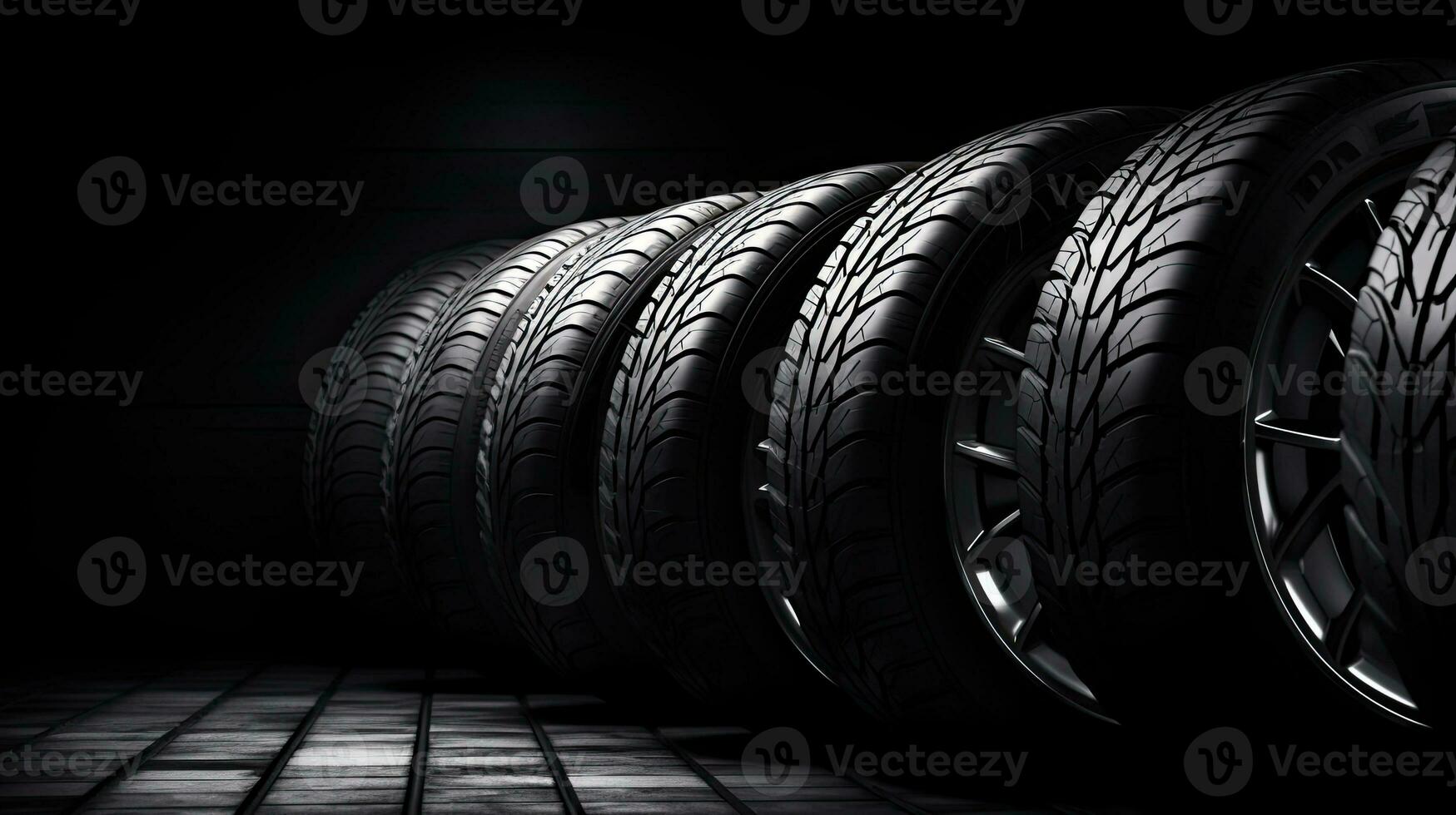car tires on black background with light and shadow. Generative AI photo
